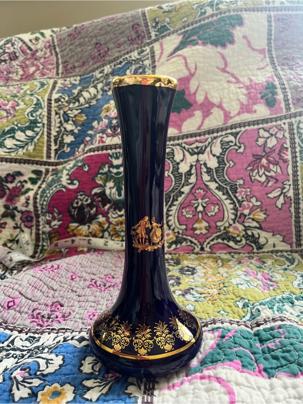 Vintage Limoges Cobalt Blue and Gold Porcelain Vase 7.5” tall